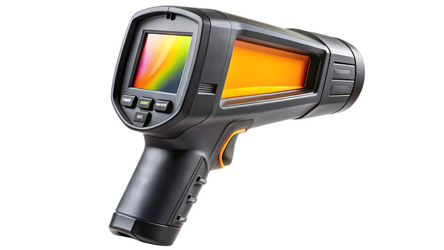 Professional handheld thermal imaging camera with colorful display and orange heat signature isolated on transparent background