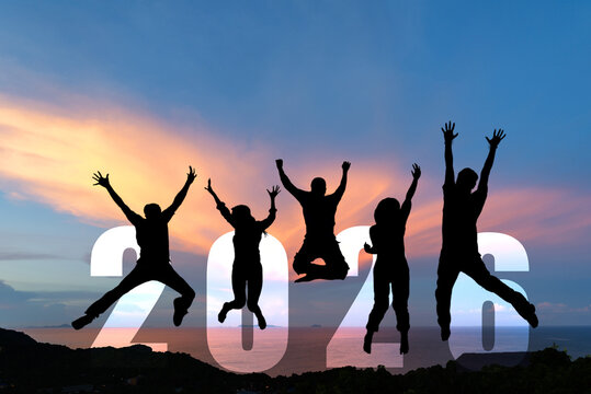 Silhouette happy business teamwork jumping congratulation and celebrate in Happy New year 2026 for change new life future concept. Freedom lifestyle group people team jump part of Number 2026 success