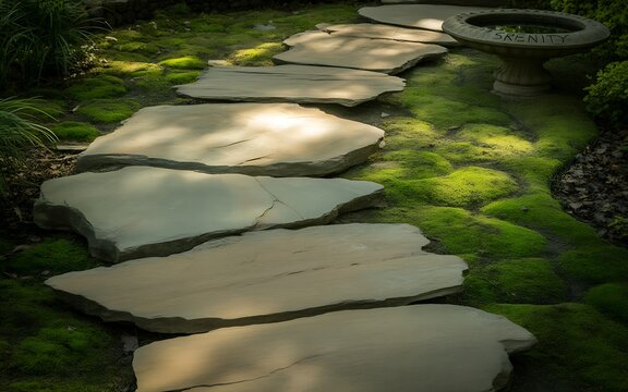 Stone stepping path leading to a small bird bath in garden