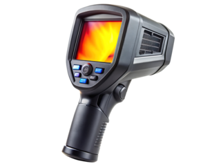 High resolution thermal imaging camera with bright colorful display showing heat signatures isolated on transparent background