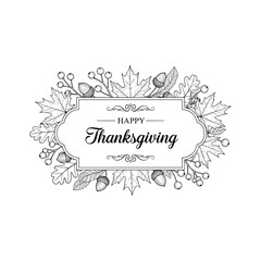Happy Thanksgiving decorative frame with autumn leaves and acorns.