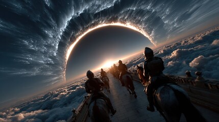 A group of armored knights rides across a fantastical landscape under a cosmic arch, merging adventure with surreal beauty, evoking themes of courage, exploration, and the unknown through art.