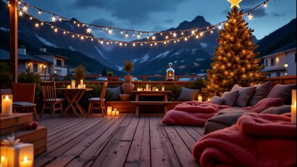 Rooftop christmas party warm string light with cozy blanket and candle light glow wooden deck near decorated tree and mountain view dusk creating festive mood, cozy seating invites friends to gather - Powered by Adobe