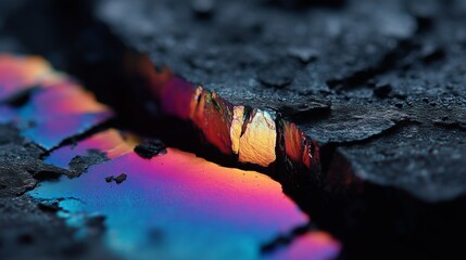 Colorful iridescent oil spill reflecting rainbow hues on rough asphalt texture in a close-up abstract photograph.