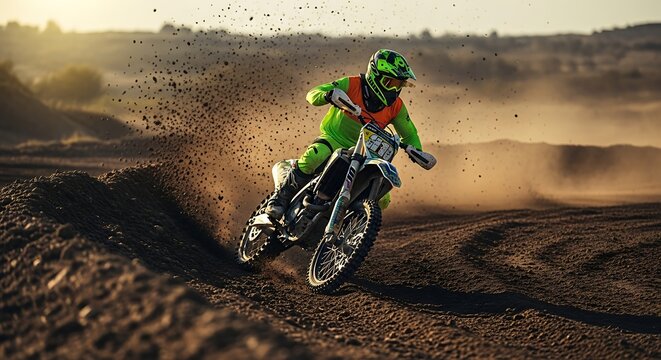 A motocross rider in green and orange gear speeds around a dirt track corner, kicking up dust and leaving tire tracks.