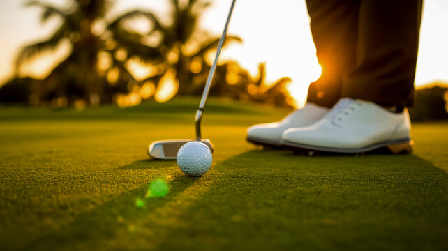 Close up of a golf ball and putter on green grass with palm trees and sunset in background