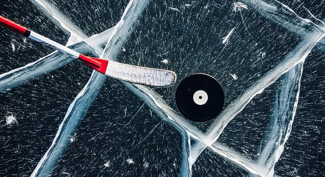 Dramatic overhead shot of ice hockey equipment, a stick and a puck, on the dark, frozen surface of a natural pond with interesting cracks and textures