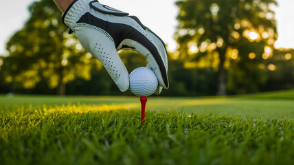 Close up of a golfer's gloved hand placing a white golf ball on a red tee on a green golf course with trees in the background