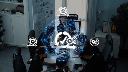 A dynamic business team engages in project development, surrounded by icons highlighting innovation and efficiency, showcasing a modern collaborative workspace. Raster