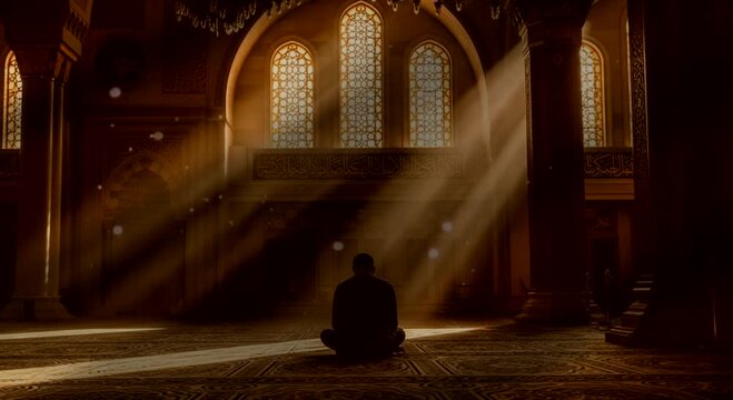 Man praying indoor silhouette, meditation, pray to god , Moslem, with sunlight in the morning
