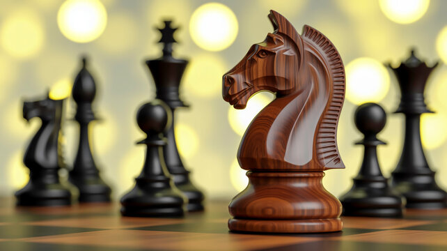 Close up of a polished dark wood chess knight on a chessboard with blurred black pieces and bokeh lights