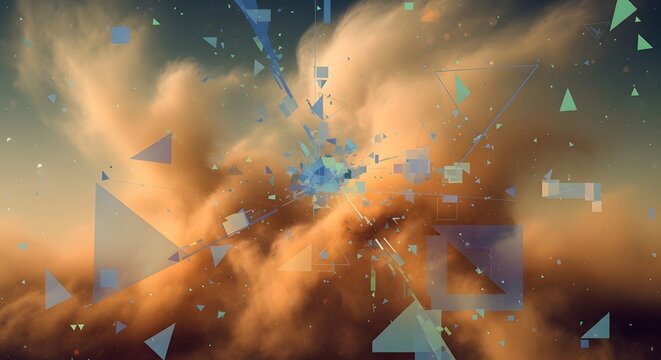 Abstract geometric explosion on a futuristic cloudscape background