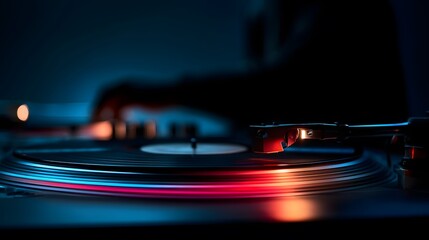 DJ Turntable with Spinning Vinyl Under Vibrant Neon Lights