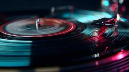 Neon-Lit Spinning Vinyl Record on Retro Turntable