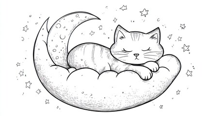 Cute cat sleeping on moon cloud, night sky background, art for kids