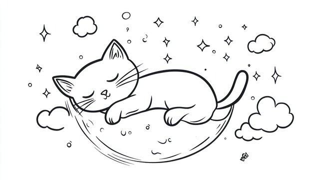 Cute cat sleeping on crescent moon in night sky, coloring book illustration - Powered by Adobe
