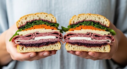 A person holds a large, freshly made gourmet sandwich cut in half, showing layers of salami, cheese, fresh vegetables, and jam on artisan bread against a neutral background
