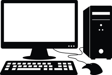 Black Silhouette of Desktop Computer with Monitor Keyboard and Mouse on White screen