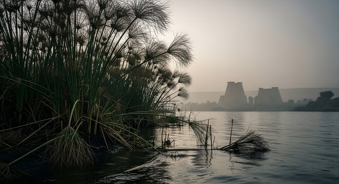 Moody Nile River Banks with Ancient Ruins