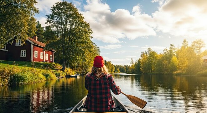 A woman seen from behind paddles a canoe along a calm river, enjoying the serene autumn landscape with a traditional red wooden house on the shore under a warm, golden sky - Powered by Adobe