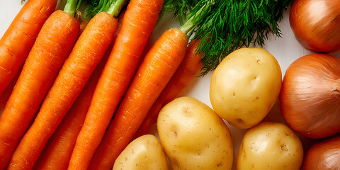 Fresh Carrots, Potatoes, and Onions Close-up Top View