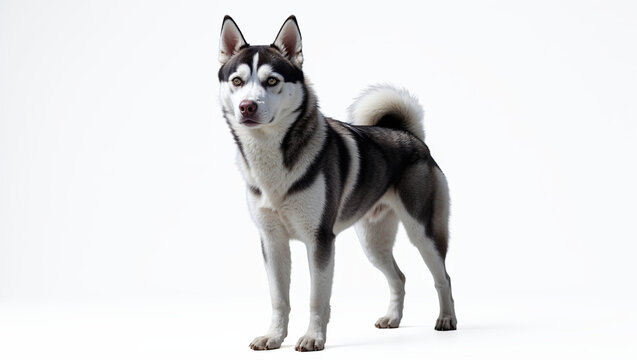 Siberian Husky Dog Full Body White Background Erect Ears Dense Coat Brown Eyes Studio Lighting Sharp Focus Natural Expression Minimalist Backdrop Generative AI