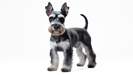 Miniature Schnauzer Dog Full Body White Background Erect Ears Dense Coat Brown Eyes Studio Lighting Sharp Focus Natural Expression Minimalist Backdrop Generative AI