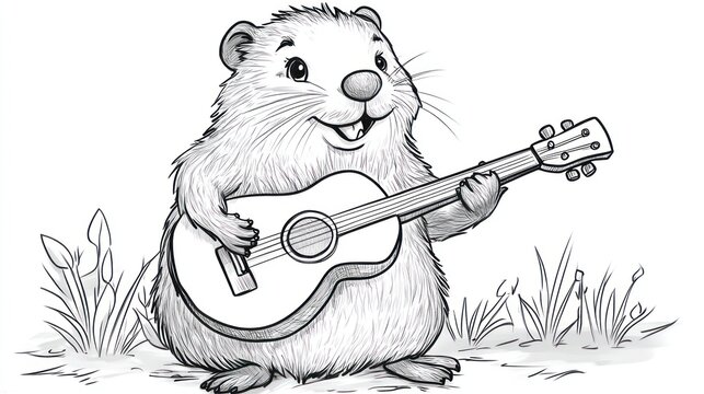 Cute cartoon possum playing guitar in grassy area