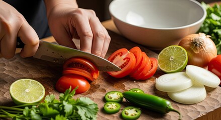 Close-up of a chef preparing fresh ingredients for salsa, slicing a ripe red tomato with a knife on a rustic wooden cutting board alongside onion, lime, and jalapeño