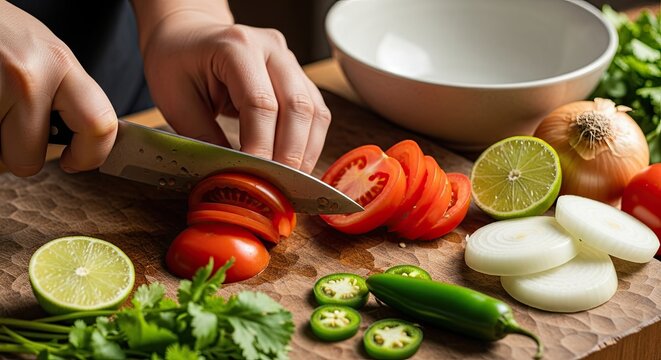Close-up of a chef preparing fresh ingredients for salsa, slicing a ripe red tomato with a knife on a rustic wooden cutting board alongside onion, lime, and jalapeño