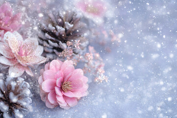 Pink Flowers and Pine Cones in Snow Winter Background