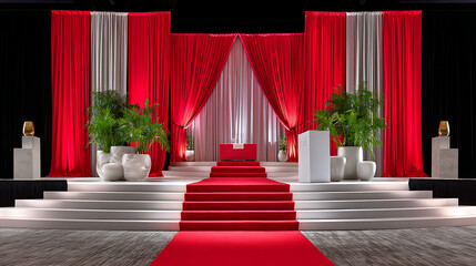 Elegant red and white event stage setup for gala indoor venue modern design festive atmosphere