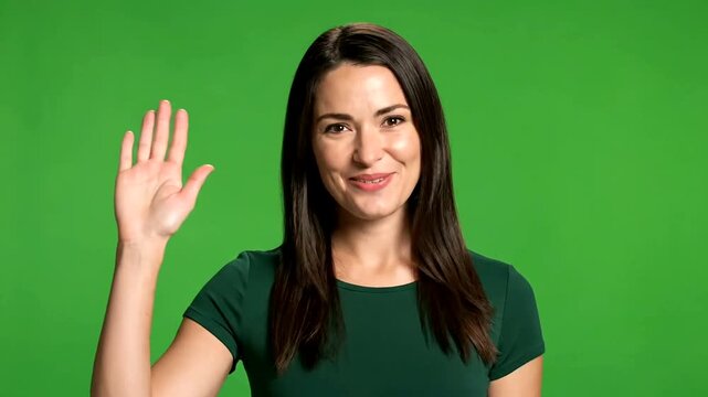 Charming woman on green screen smiles, waves and presents a friendly ambiance to attract the viewer