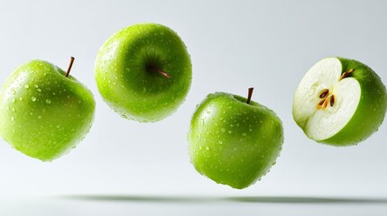 Vibrant green apples with water droplets, showcasing fresh produce. Perfect for healthy eating, diet, and natural food themes.