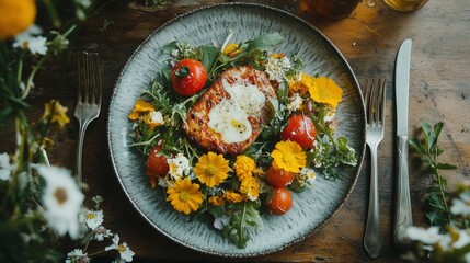 cultural fusion food on ceramic plate with vintage silverware and Indo-French garnish, soft tone, vintage film look