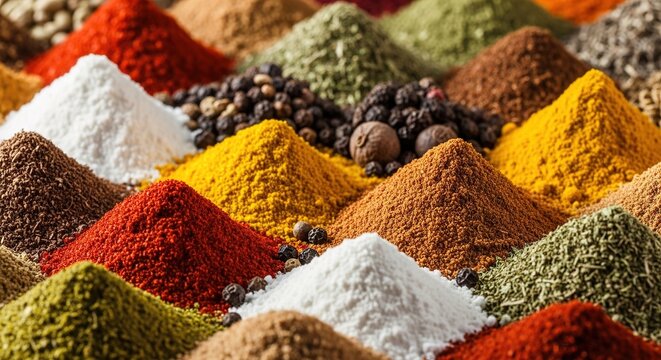 A vibrant close-up of various colorful spices and herbs piled high, showcasing their rich textures and diverse hues.