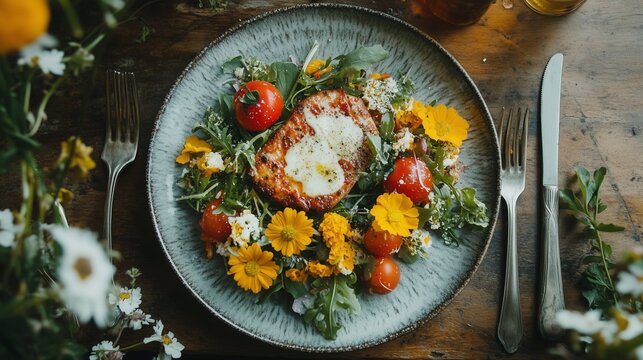 cultural fusion food on ceramic plate with vintage silverware and Indo-French garnish, soft tone, vintage film look