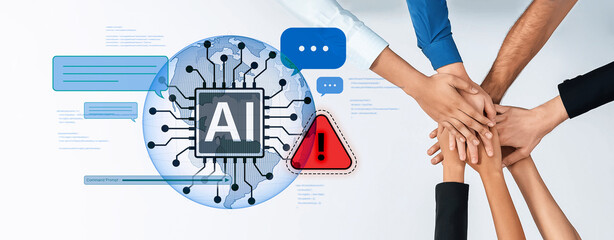 A visual representation of teamwork around an artificial intelligence concept, highlighting collaboration, unity, and innovation within a technological landscape. Trope