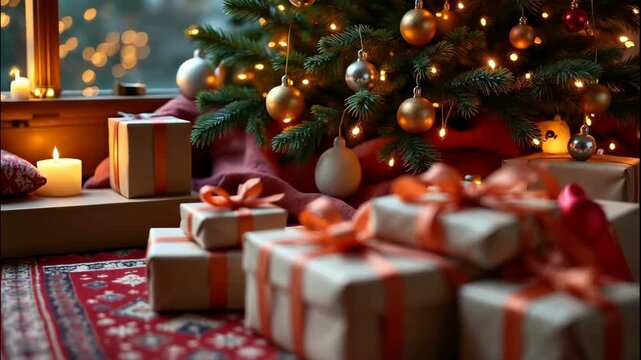Cozy rooftop christmas party scene with gift box, ribbon, bow, candle light and glowing tree, warm interior mood festive decor bring joy comfort winter night celebration, present wrapped tree light