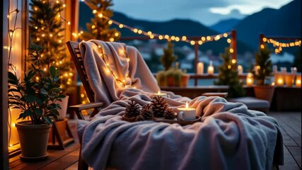 Rooftop christmas party terrace balcony deck outdoor evening dusk night scene with cozy blanket lounge warm candle light pine cone candle glow evergreen plant soft bokeh fairy light mountain view - Powered by Adobe