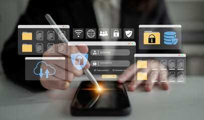 Secure login and file management interface with folder, password, and encryption icons for cybersecurity visualization Parse