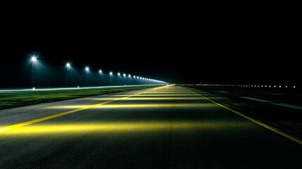 Dramatic night scene of airport runway illuminated by bright lights guiding safe landings and takeoffs creating a strong travel concept
