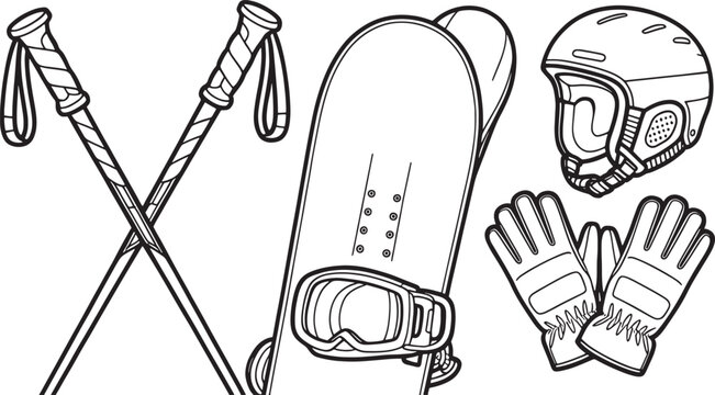 Line art illustration of snowboard ski poles helmet and gloves on white background winter sports