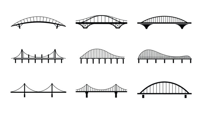 Set of various bridge silhouettes featuring arch bridges, suspension bridges, beam bridges, and modern architectural designs in minimal black vector style
