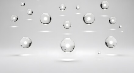 Floating water droplets against a light grey blurred background