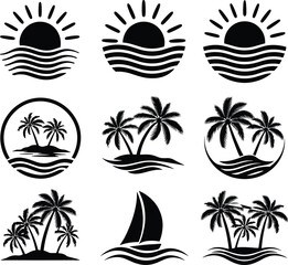 Obraz premium Set of Black Silhouette Icons of Tropical Beach Scenes Keywords: beach, tropical, island, palm