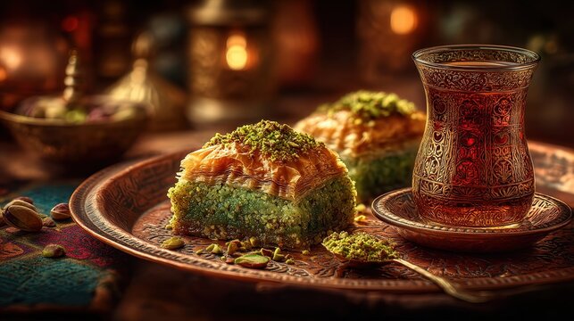 Two pieces of Moroccan baklava on an ornate copper plate with a spoon of pistachios and a glass of tea, set against a warm bokeh background with glowing light spots for a cozy feel - Powered by Adobe