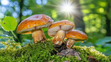 Fototapeta premium Vibrant Orange Mushrooms Growing Amidst Lush Green Forest Background