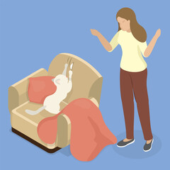 White cat scratching armchair. Nasty kitten destroying home furniture with claws. Woman is unhappy with her pet. 3d flat isometric vector illustration.