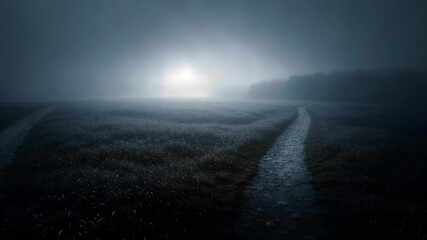 Mysterious fog envelopes a path at twilight, inviting choices and exploration in an eerie landscape